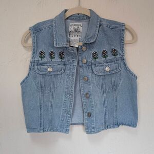 Vintage 90s Denim Vest Floral Embroidery Size Small Boho Cottage Core Preppy